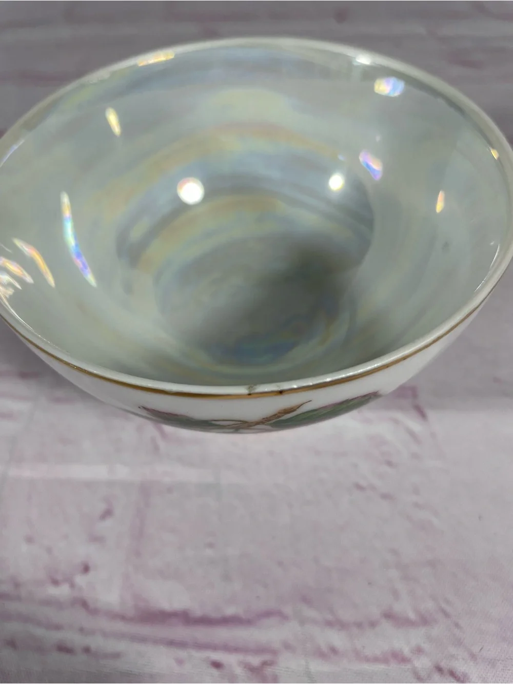 Vintage Plum and Floral Iridescent Footed Teacup and Saucer Set Gold Trim Japan